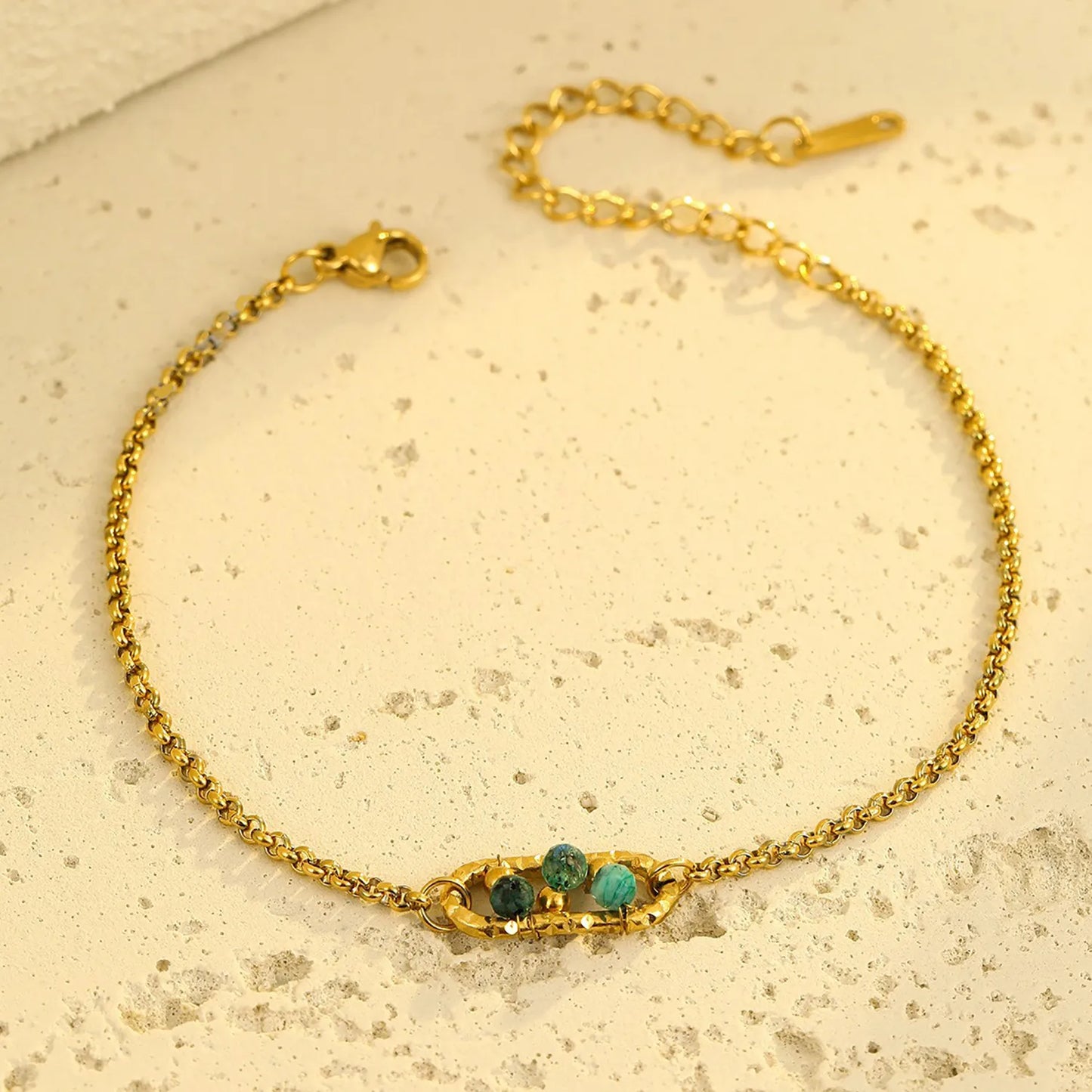 Dainty Vintage Textured Oval Frame Natural Green Stone Bead Rolo Chain Bracelet | Bulk Order MOQ 12