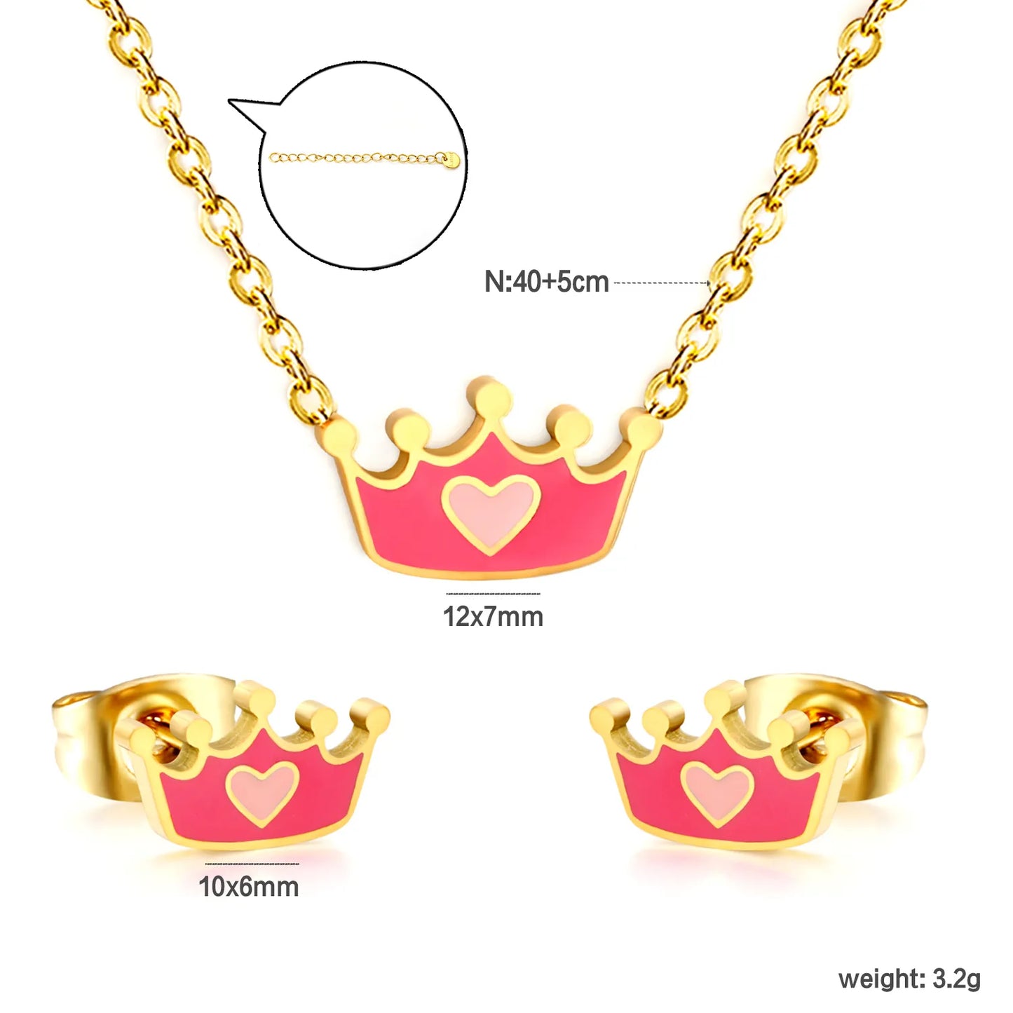 Two-Tone Pink Enamel Heart Crown Jewelry Set Necklace & Stud Earrings | Kids Princess Matching Accessory Kit