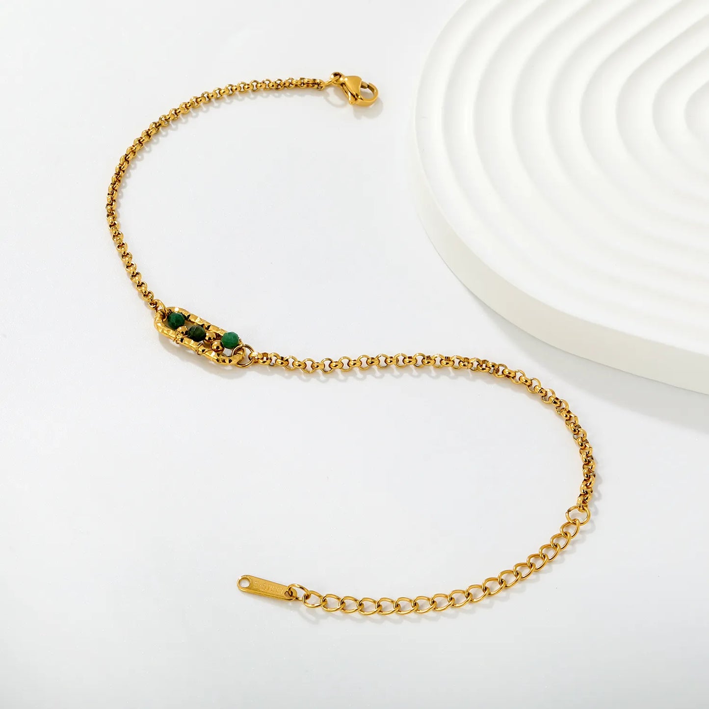 Dainty Vintage Textured Oval Frame Natural Green Stone Bead Rolo Chain Bracelet | Bulk Order MOQ 12