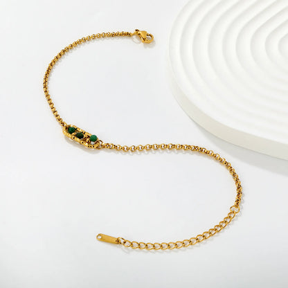 Dainty Vintage Textured Oval Frame Natural Green Stone Bead Rolo Chain Bracelet | Bulk Order MOQ 12