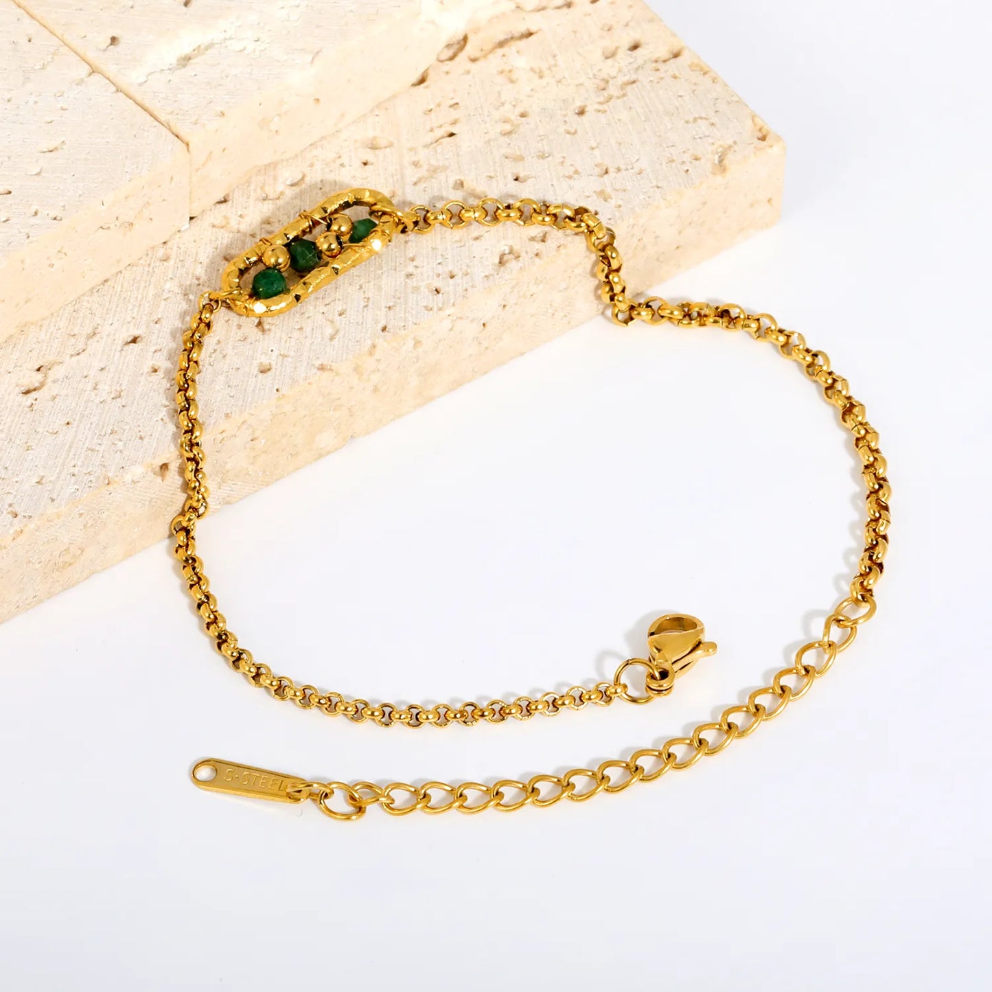 Dainty Vintage Textured Oval Frame Natural Green Stone Bead Rolo Chain Bracelet | Bulk Order MOQ 12