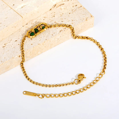 Dainty Vintage Textured Oval Frame Natural Green Stone Bead Rolo Chain Bracelet | Bulk Order MOQ 12