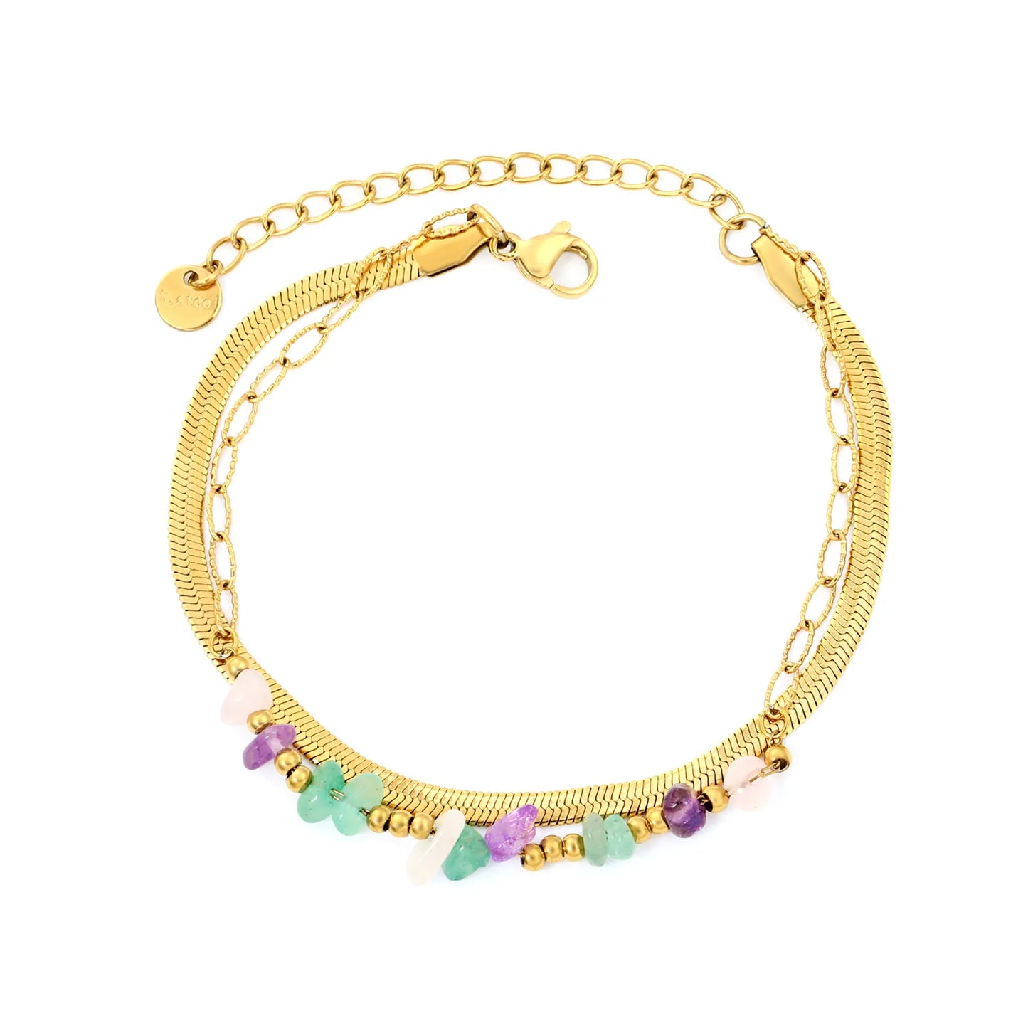 Boho Colorful Dual Layer Flat Snake Chain Natural Crystal Chip Bead Bracelet | 18K Gold Plated Hypoallergenic Stainless Steel
