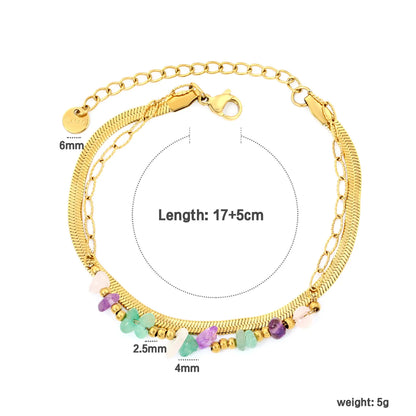 Boho Colorful Dual Layer Flat Snake Chain Natural Crystal Chip Bead Bracelet | 18K Gold Plated Hypoallergenic Stainless Steel