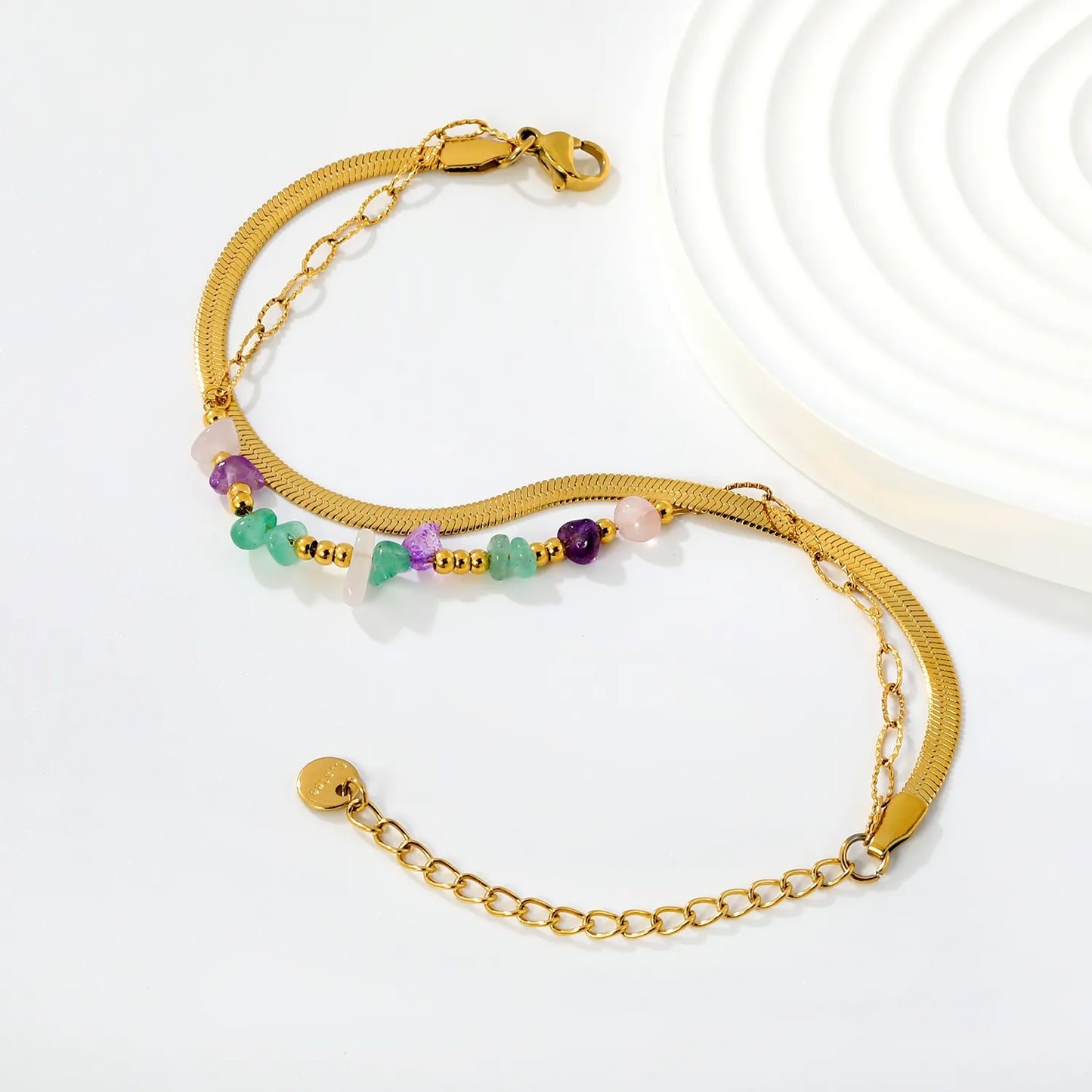 Boho Colorful Dual Layer Flat Snake Chain Natural Crystal Chip Bead Bracelet | 18K Gold Plated Hypoallergenic Stainless Steel