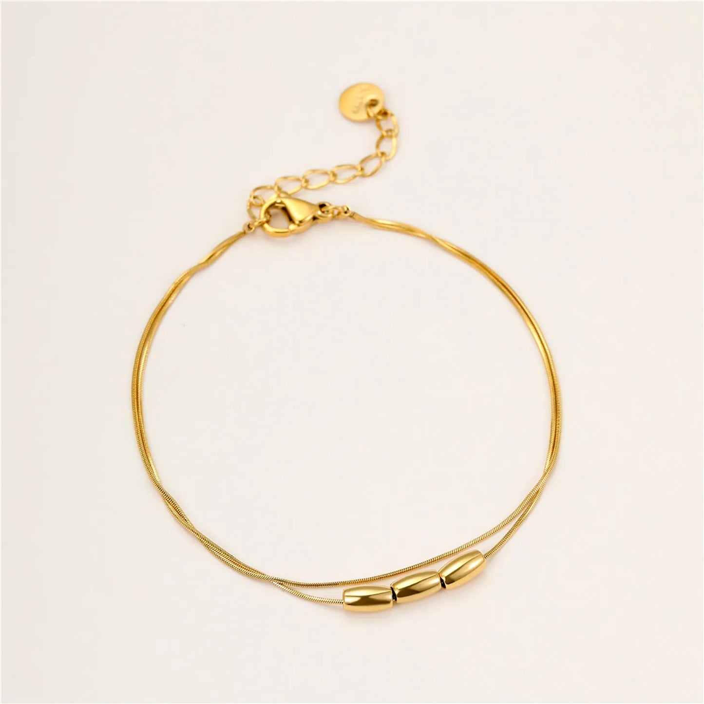 Minimalist Double Thin Snake Chain Three Oval Bead Bracelet with Adjustable Extension Chain | Ultra-Light Daily Stackable Bracelet Wholesale Bulk Supply