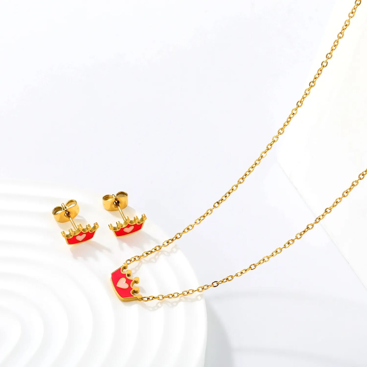 Two-Tone Pink Enamel Heart Crown Jewelry Set Necklace & Stud Earrings | Kids Princess Matching Accessory Kit