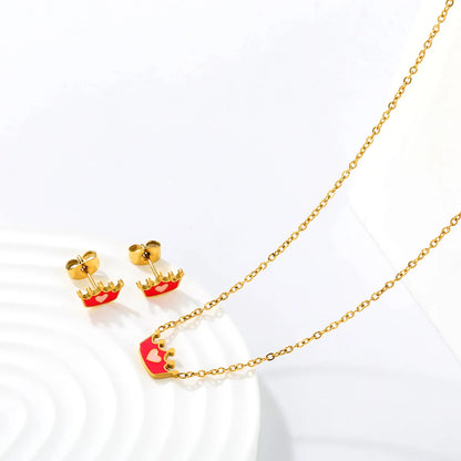 Two-Tone Pink Enamel Heart Crown Jewelry Set Necklace & Stud Earrings | Kids Princess Matching Accessory Kit