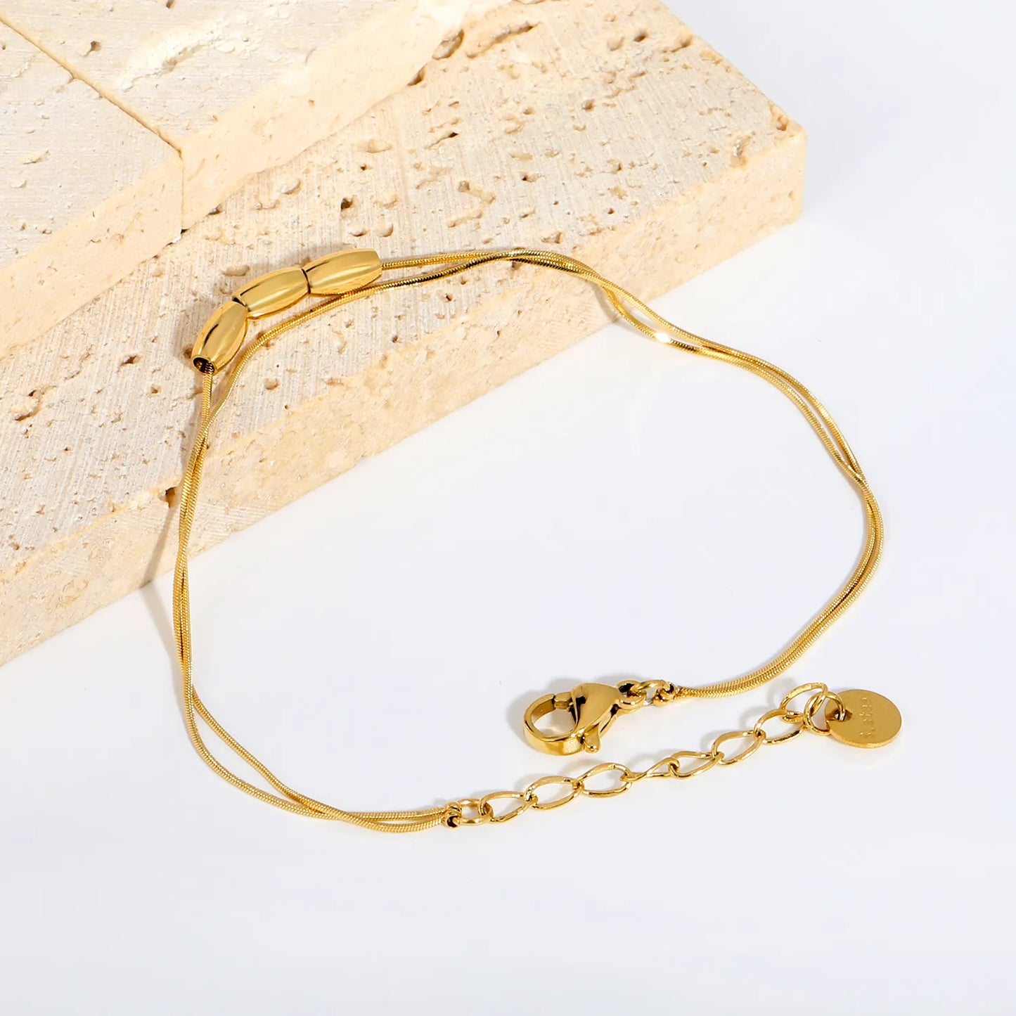 Minimalist Double Thin Snake Chain Three Oval Bead Bracelet with Adjustable Extension Chain | Ultra-Light Daily Stackable Bracelet Wholesale Bulk Supply