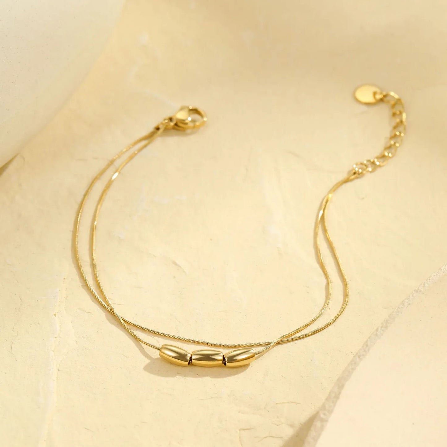 Minimalist Double Thin Snake Chain Three Oval Bead Bracelet with Adjustable Extension Chain | Ultra-Light Daily Stackable Bracelet Wholesale Bulk Supply