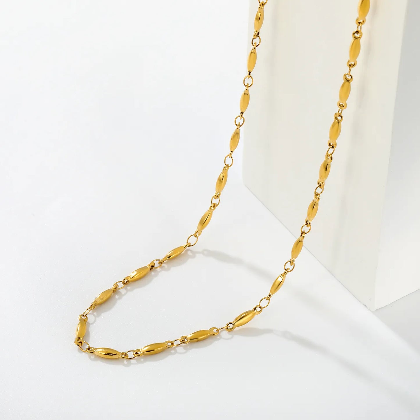 Wholesale Adjustable Smooth Olive Oval Link Station Chain Necklace | 18K Gold Plated Skin Friendly Stainless Steel | Minimalist Elegant Daily Layering Jewelry Wholesale Bulk Supply