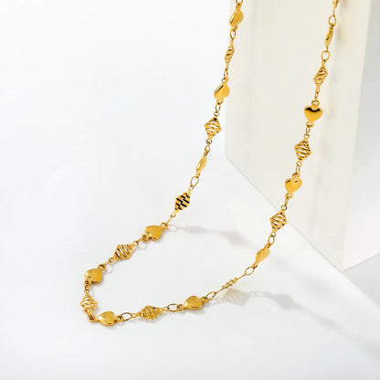 Mixed Heart & Textured Rhombus Station Chain Adjustable Necklace  | Sweet Romantic Minimalist Daily Layering Jewelry | Wholesale MOQ 12