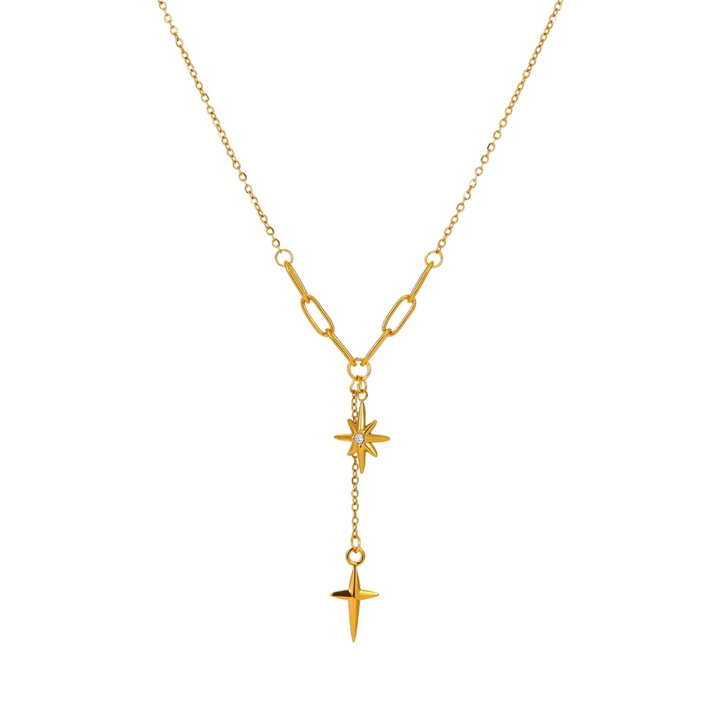 Dual North Star Y Drop Lariat Necklace Mixed Paperclip Cable Chain with Sparkling Crystal Inlaid Celestial Charms | Elegant Minimalist Daily Layering Jewelry Wholesale