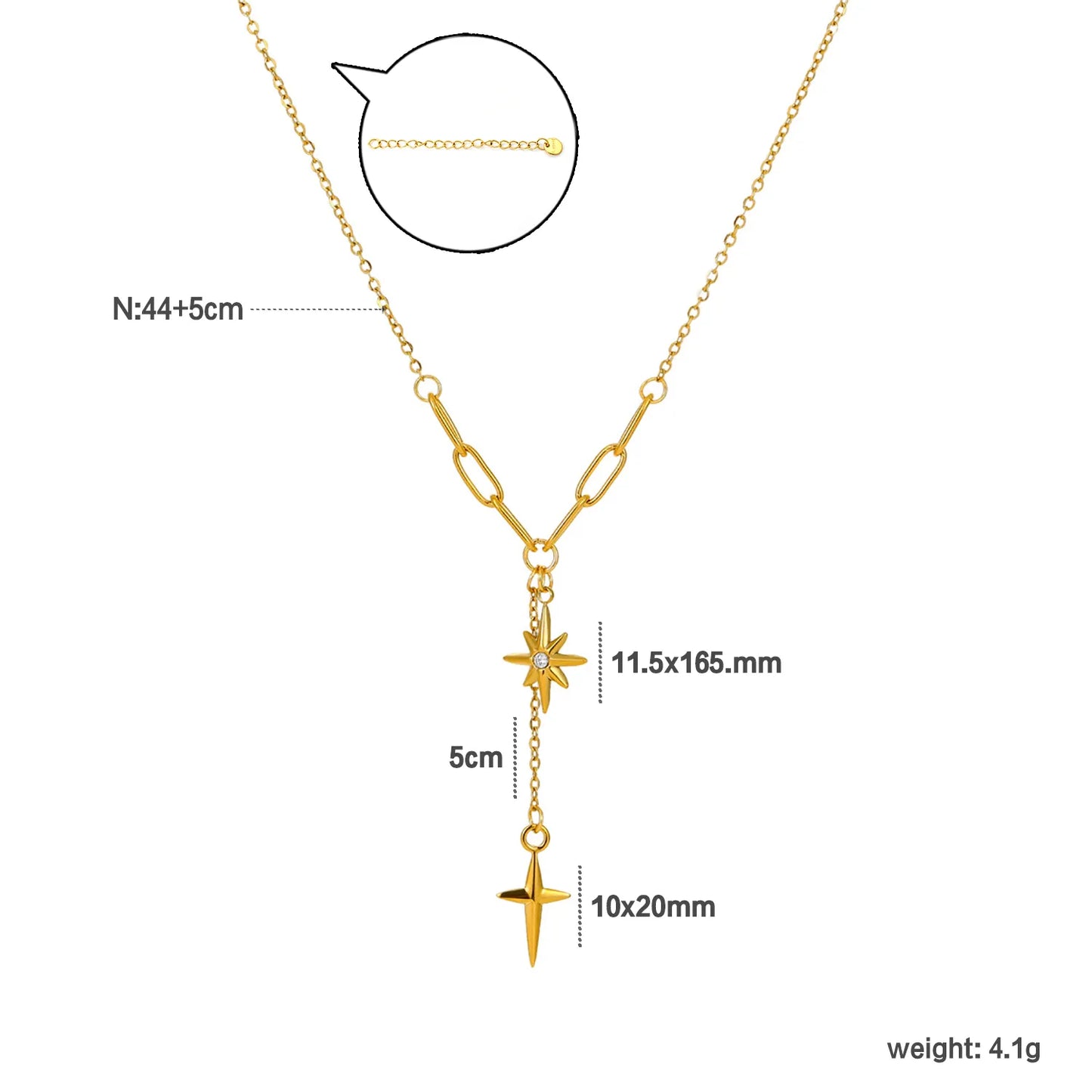 Dual North Star Y Drop Lariat Necklace Mixed Paperclip Cable Chain with Sparkling Crystal Inlaid Celestial Charms | Elegant Minimalist Daily Layering Jewelry Wholesale