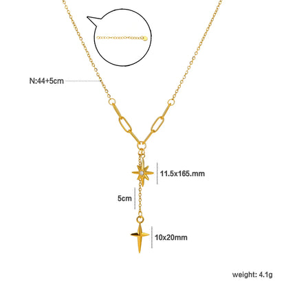 Dual North Star Y Drop Lariat Necklace Mixed Paperclip Cable Chain with Sparkling Crystal Inlaid Celestial Charms | Elegant Minimalist Daily Layering Jewelry Wholesale