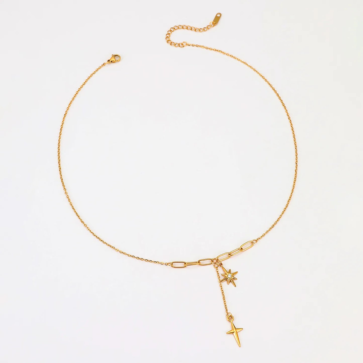 Dual North Star Y Drop Lariat Necklace Mixed Paperclip Cable Chain with Sparkling Crystal Inlaid Celestial Charms | Elegant Minimalist Daily Layering Jewelry Wholesale