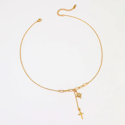 Dual North Star Y Drop Lariat Necklace Mixed Paperclip Cable Chain with Sparkling Crystal Inlaid Celestial Charms | Elegant Minimalist Daily Layering Jewelry Wholesale