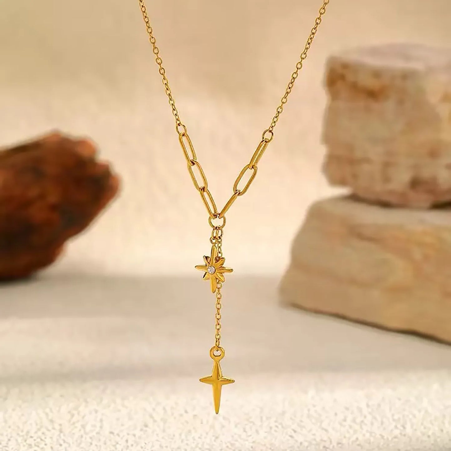 Dual North Star Y Drop Lariat Necklace Mixed Paperclip Cable Chain with Sparkling Crystal Inlaid Celestial Charms | Elegant Minimalist Daily Layering Jewelry Wholesale