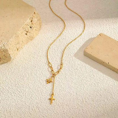 Dual North Star Y Drop Lariat Necklace Mixed Paperclip Cable Chain with Sparkling Crystal Inlaid Celestial Charms | Elegant Minimalist Daily Layering Jewelry Wholesale