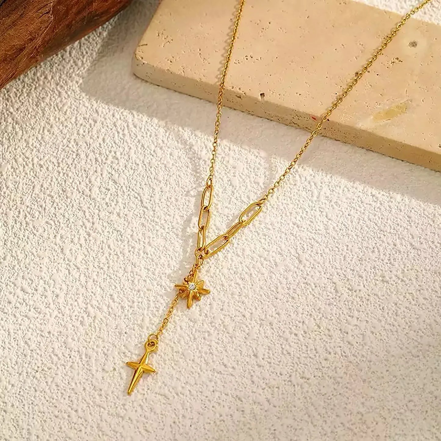 Dual North Star Y Drop Lariat Necklace Mixed Paperclip Cable Chain with Sparkling Crystal Inlaid Celestial Charms | Elegant Minimalist Daily Layering Jewelry Wholesale