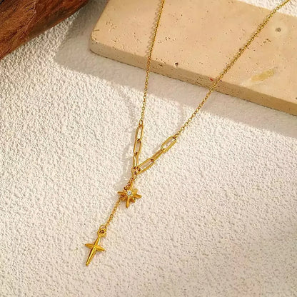 Dual North Star Y Drop Lariat Necklace Mixed Paperclip Cable Chain with Sparkling Crystal Inlaid Celestial Charms | Elegant Minimalist Daily Layering Jewelry Wholesale