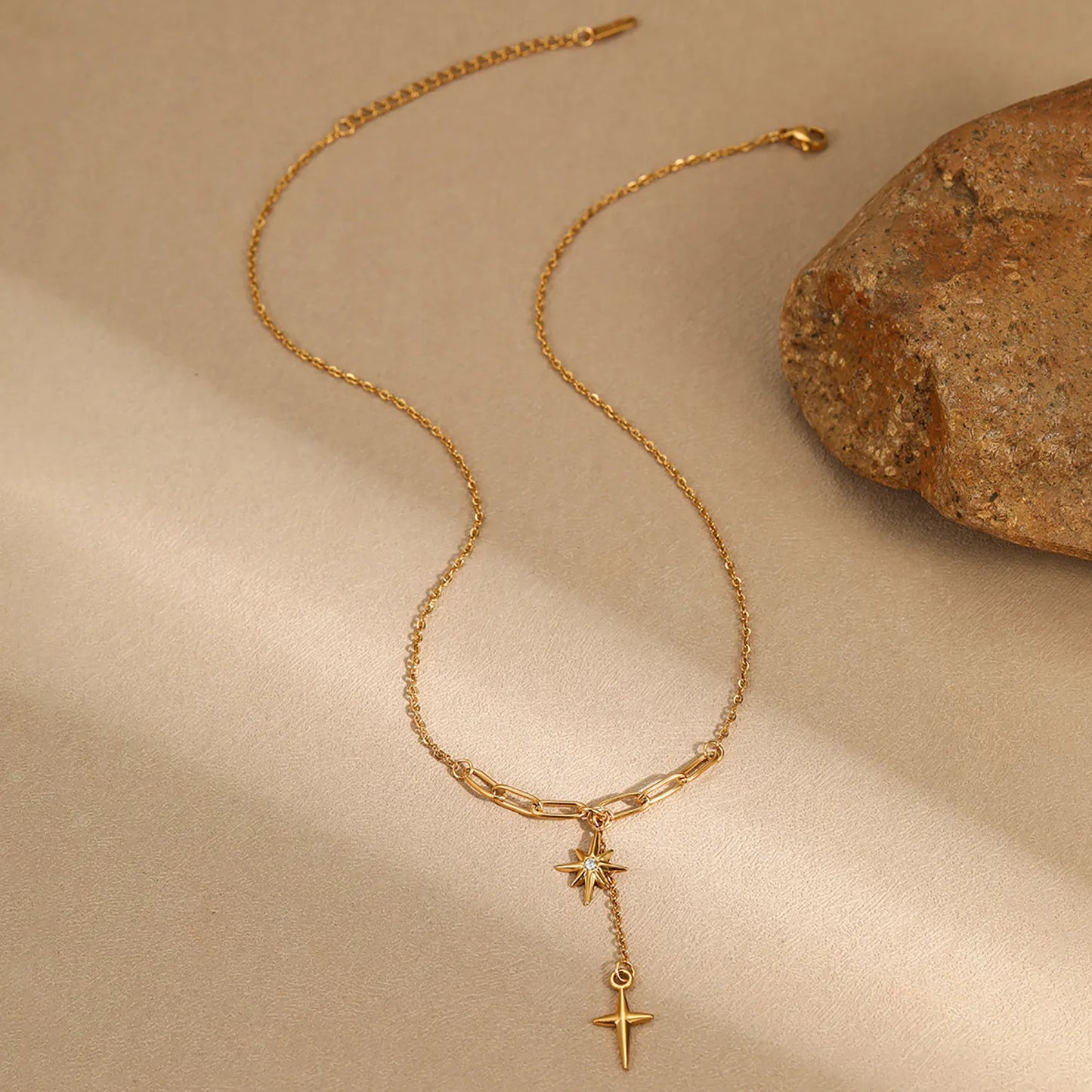 Dual North Star Y Drop Lariat Necklace Mixed Paperclip Cable Chain with Sparkling Crystal Inlaid Celestial Charms | Elegant Minimalist Daily Layering Jewelry Wholesale