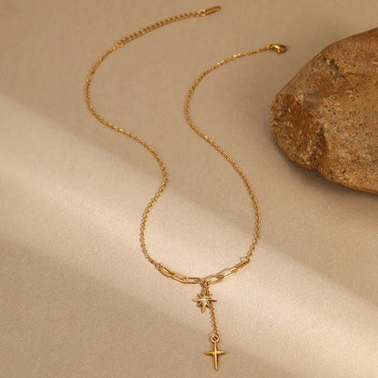 Dual North Star Y Drop Lariat Necklace Mixed Paperclip Cable Chain with Sparkling Crystal Inlaid Celestial Charms | Elegant Minimalist Daily Layering Jewelry Wholesale