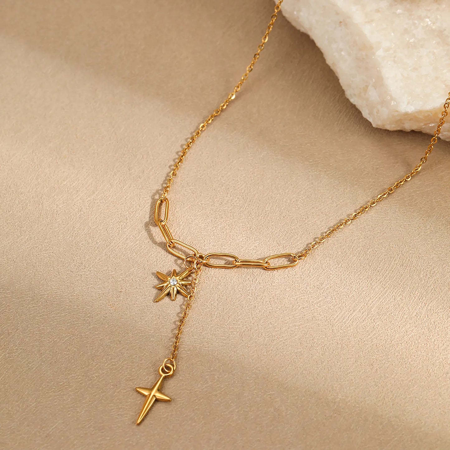 Dual North Star Y Drop Lariat Necklace Mixed Paperclip Cable Chain with Sparkling Crystal Inlaid Celestial Charms | Elegant Minimalist Daily Layering Jewelry Wholesale