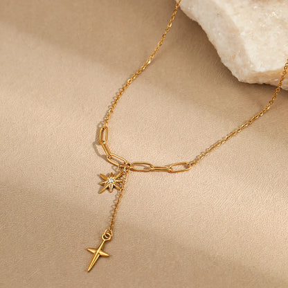 Dual North Star Y Drop Lariat Necklace Mixed Paperclip Cable Chain with Sparkling Crystal Inlaid Celestial Charms | Elegant Minimalist Daily Layering Jewelry Wholesale