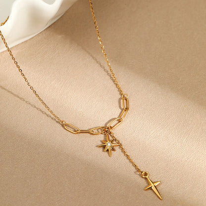 Dual North Star Y Drop Lariat Necklace Mixed Paperclip Cable Chain with Sparkling Crystal Inlaid Celestial Charms | Elegant Minimalist Daily Layering Jewelry Wholesale
