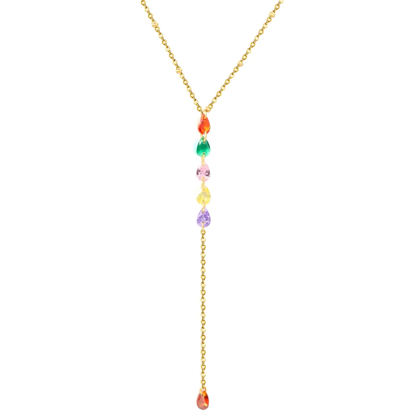Rainbow Teardrop Crystal Y Drop Lariat Necklace |  Sweet Summer Layering Accessory | Bulk Wholesale Fashion Jewelry