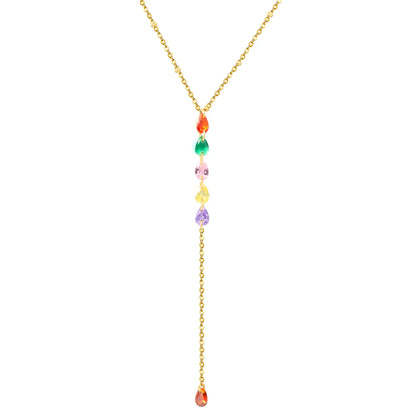 Rainbow Teardrop Crystal Y Drop Lariat Necklace |  Sweet Summer Layering Accessory | Bulk Wholesale Fashion Jewelry
