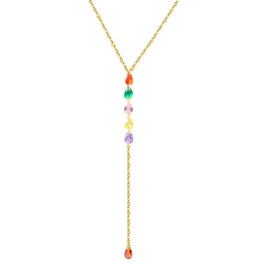 Rainbow Teardrop Crystal Y Drop Lariat Necklace |  Sweet Summer Layering Accessory | Bulk Wholesale Fashion Jewelry