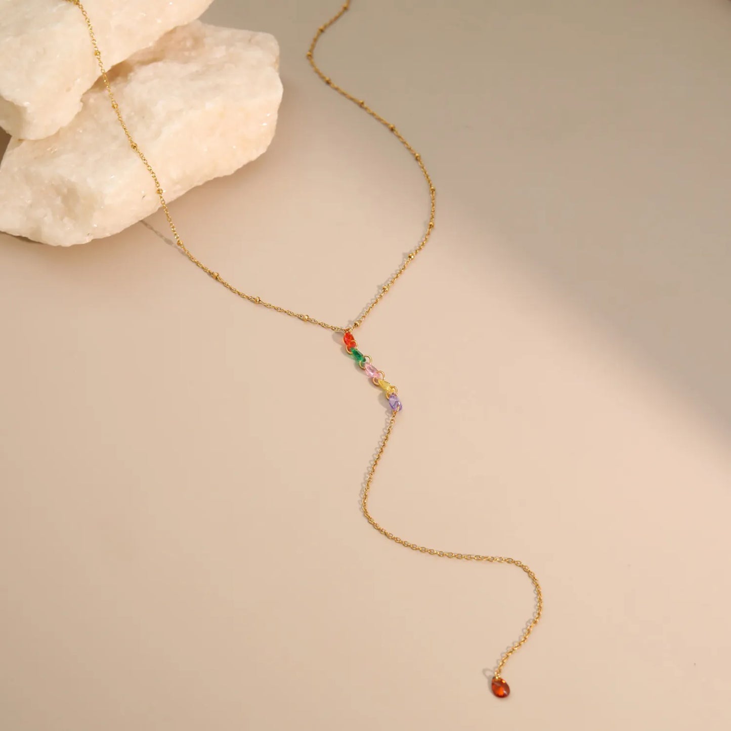Rainbow Teardrop Crystal Y Drop Lariat Necklace |  Sweet Summer Layering Accessory | Bulk Wholesale Fashion Jewelry