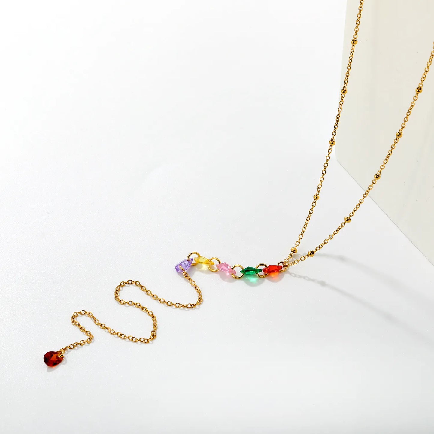 Rainbow Teardrop Crystal Y Drop Lariat Necklace |  Sweet Summer Layering Accessory | Bulk Wholesale Fashion Jewelry