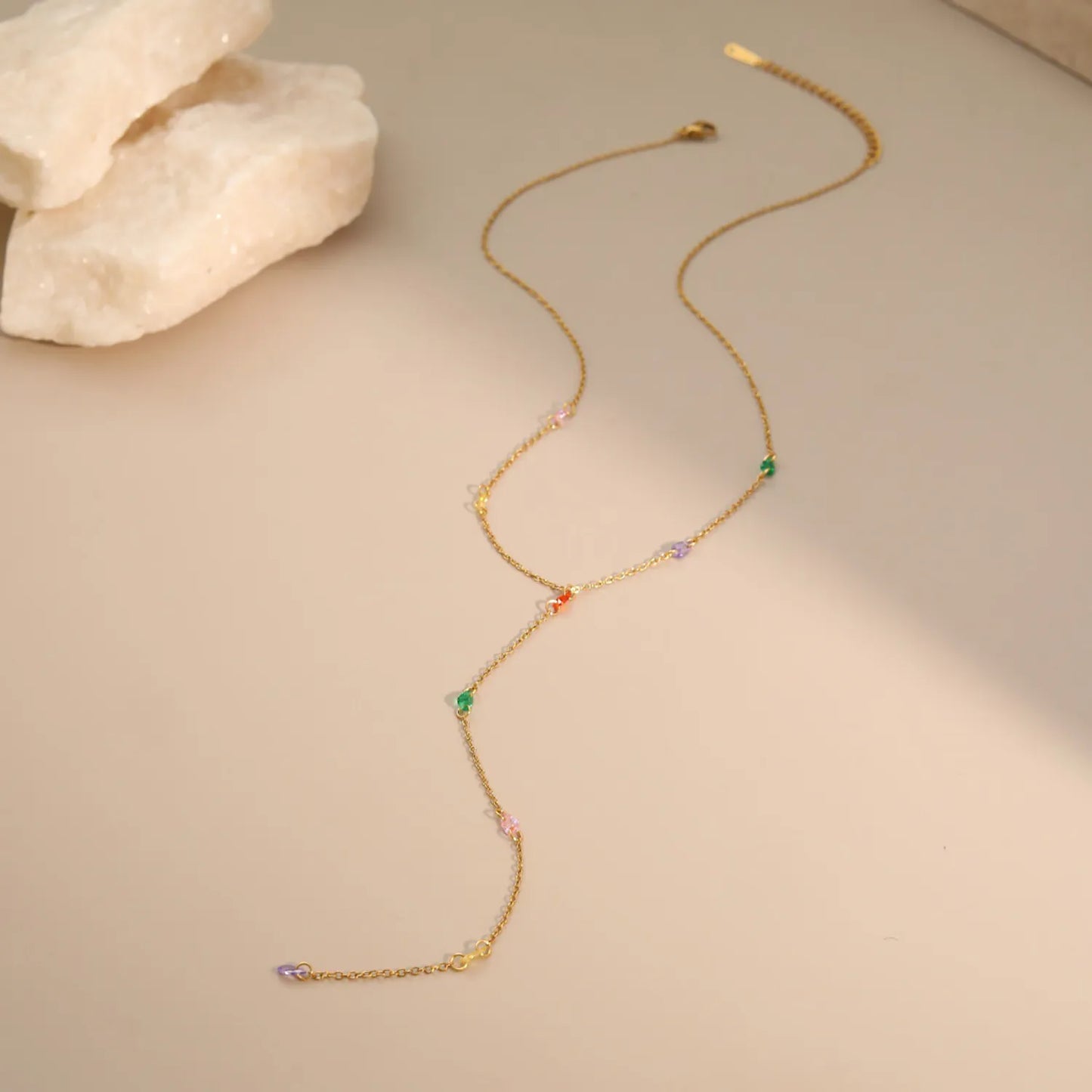 Colorful Oval Crystal Bead Y-Drop Lariat Necklace | Summer Statement Necklace