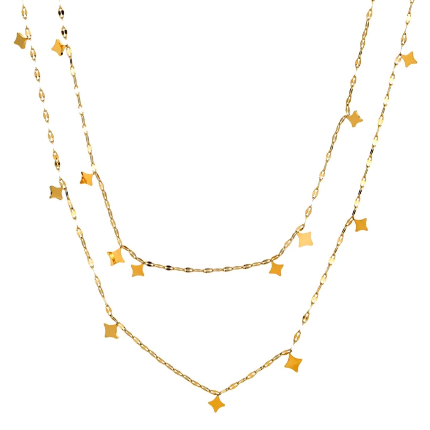Double Layer Dangling Star Beaded Chain Necklace with Mini Four-Pointed Star Charms | Wholesale Bulk Order MOQ 12