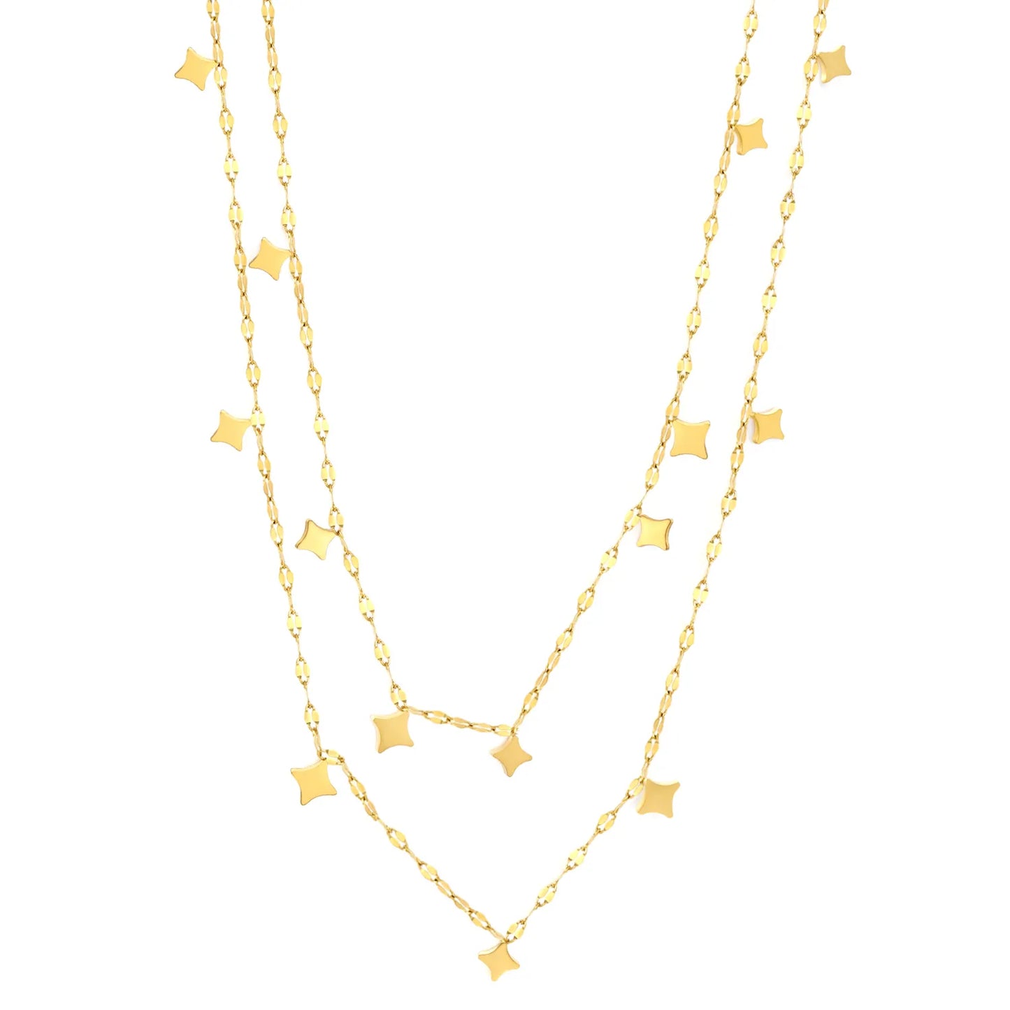 Double Layer Dangling Star Beaded Chain Necklace with Mini Four-Pointed Star Charms | Wholesale Bulk Order MOQ 12