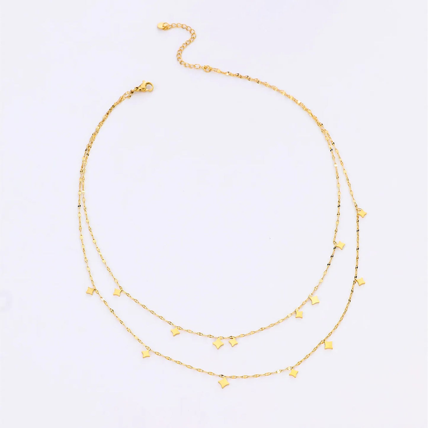 Double Layer Dangling Star Beaded Chain Necklace with Mini Four-Pointed Star Charms | Wholesale Bulk Order MOQ 12