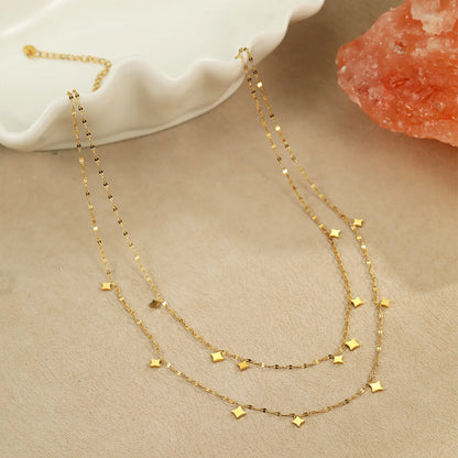 Double Layer Dangling Star Beaded Chain Necklace with Mini Four-Pointed Star Charms | Wholesale Bulk Order MOQ 12