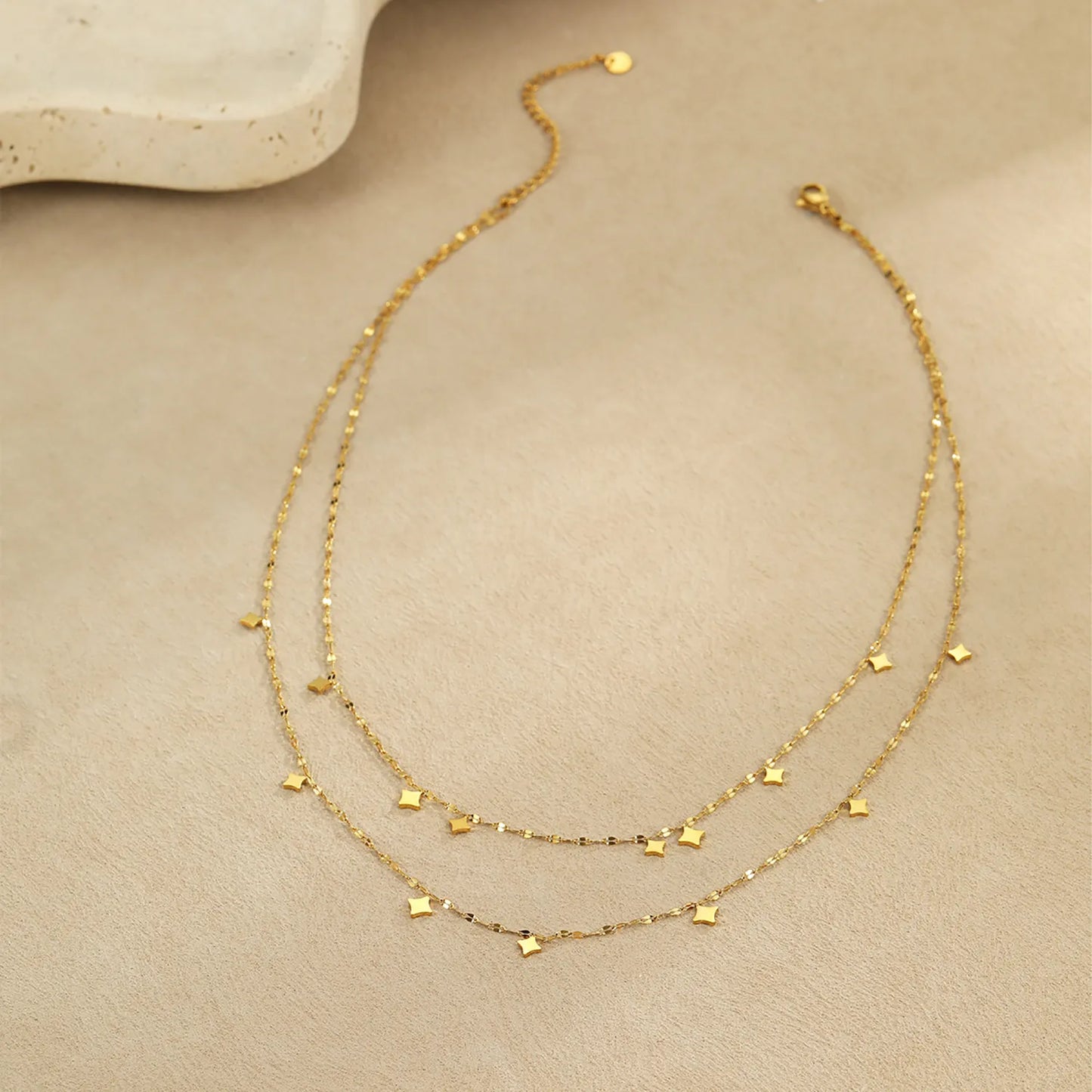 Double Layer Dangling Star Beaded Chain Necklace with Mini Four-Pointed Star Charms | Wholesale Bulk Order MOQ 12
