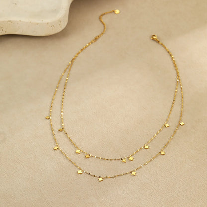 Double Layer Dangling Star Beaded Chain Necklace with Mini Four-Pointed Star Charms | Wholesale Bulk Order MOQ 12