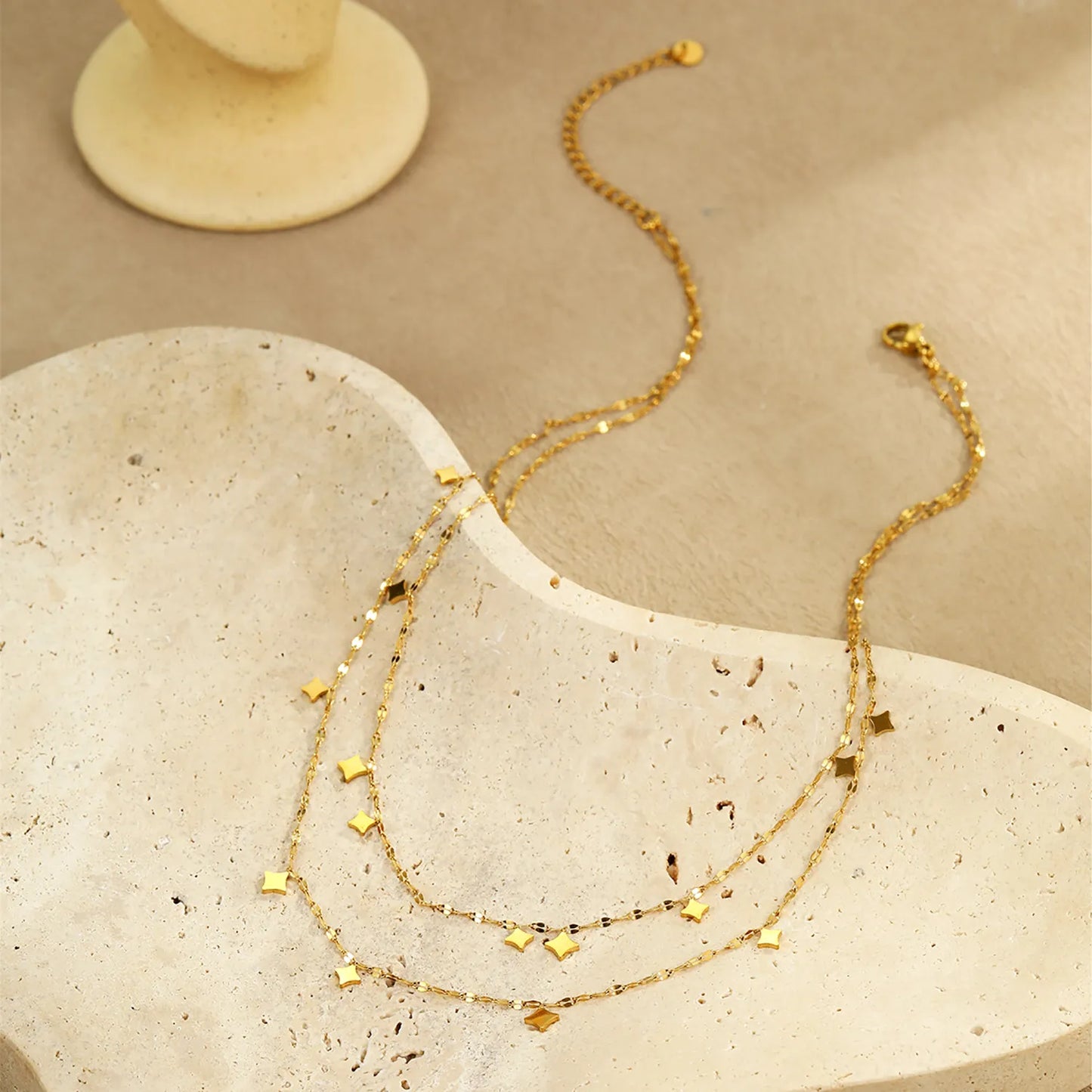 Double Layer Dangling Star Beaded Chain Necklace with Mini Four-Pointed Star Charms | Wholesale Bulk Order MOQ 12