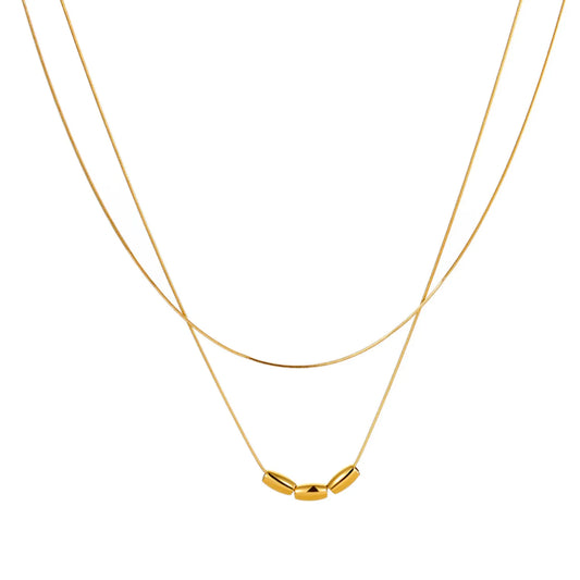 Double Layer Wholesale Three Mini Oval Bead Thin Snake Chain Necklace |  18K Gold Plated Hypoallergenic Stainless Steel Dainty Stackable Necklaces
