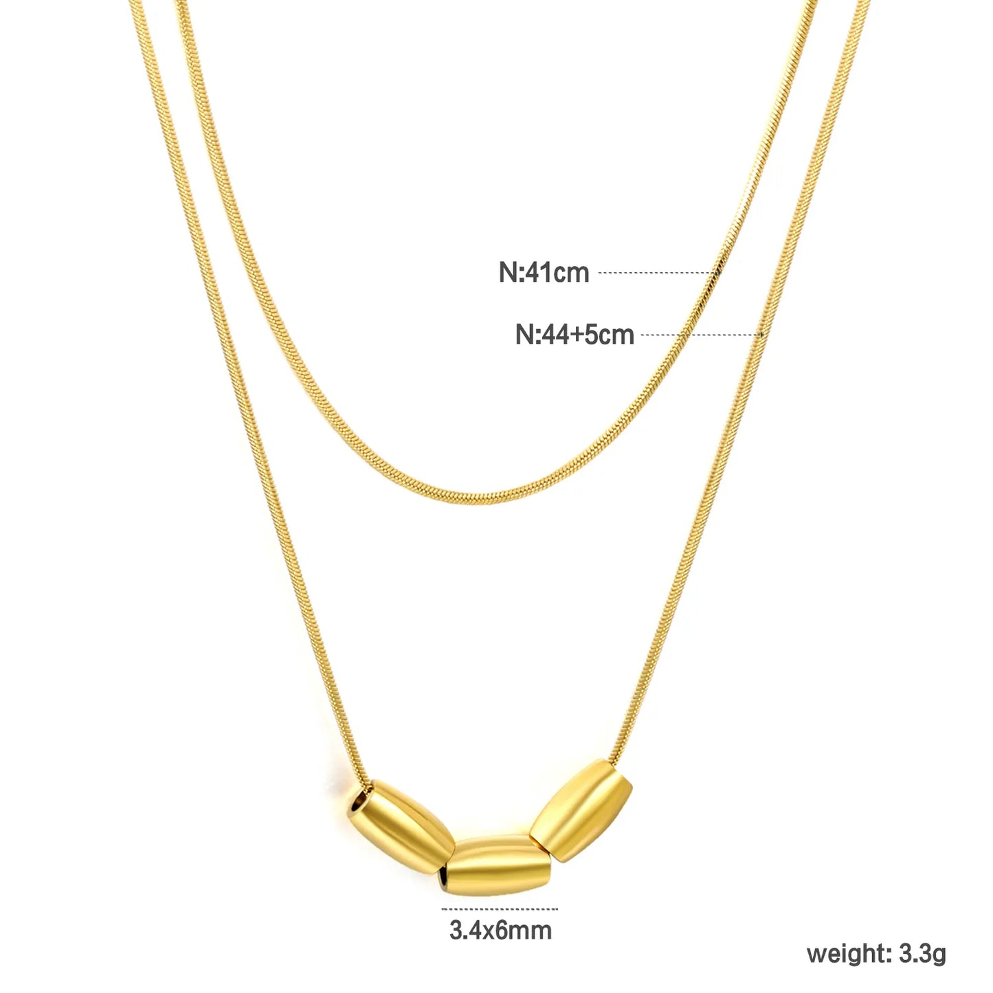 Double Layer Wholesale Three Mini Oval Bead Thin Snake Chain Necklace |  18K Gold Plated Hypoallergenic Stainless Steel Dainty Stackable Necklaces