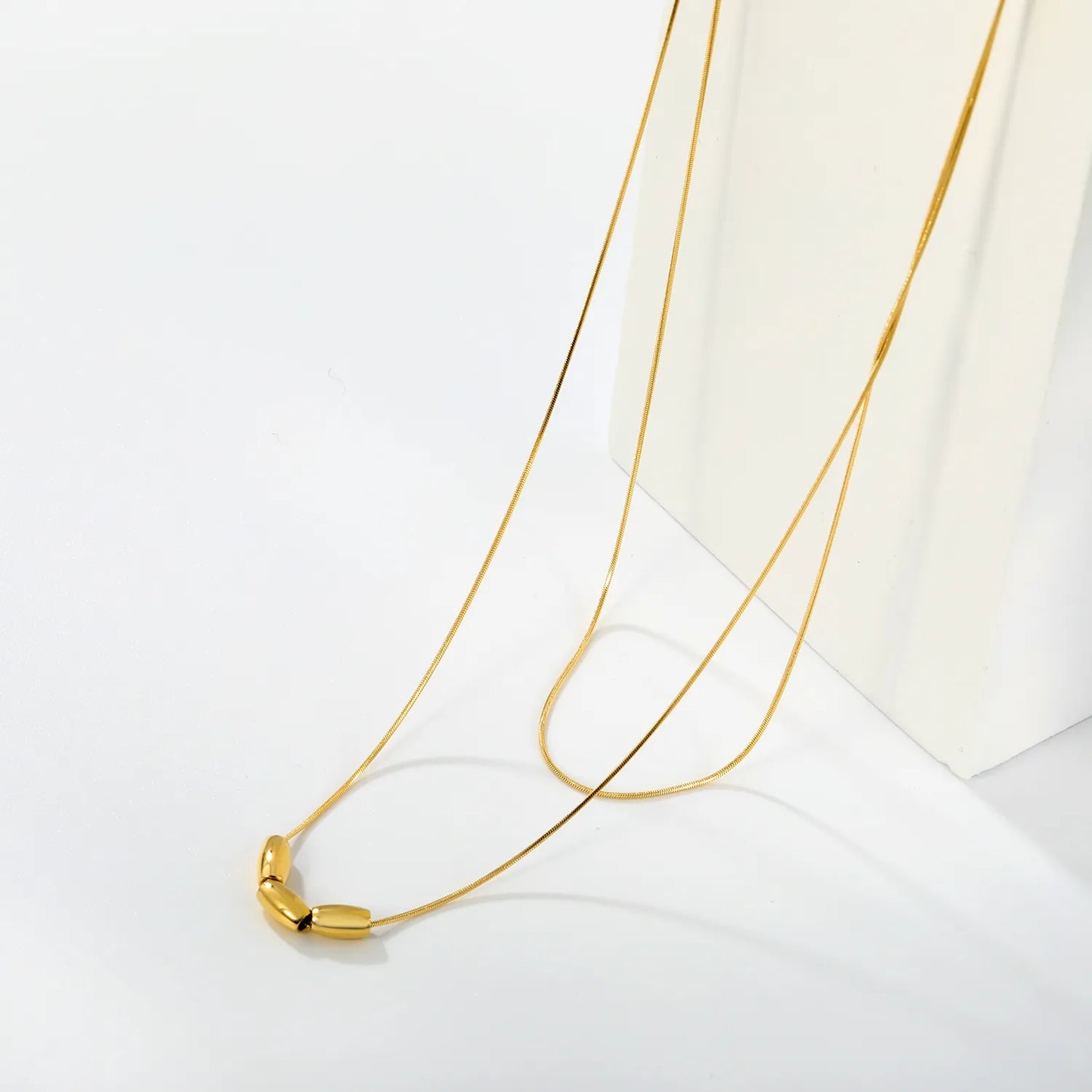 Double Layer Wholesale Three Mini Oval Bead Thin Snake Chain Necklace |  18K Gold Plated Hypoallergenic Stainless Steel Dainty Stackable Necklaces