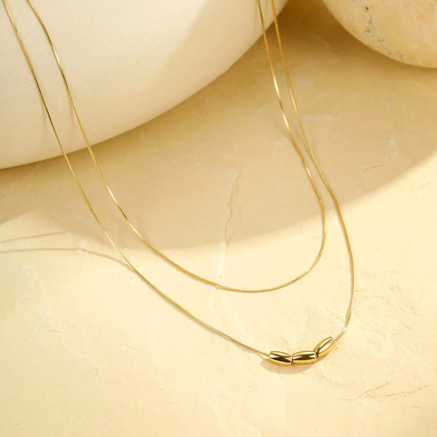 Double Layer Wholesale Three Mini Oval Bead Thin Snake Chain Necklace |  18K Gold Plated Hypoallergenic Stainless Steel Dainty Stackable Necklaces