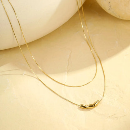 Double Layer Wholesale Three Mini Oval Bead Thin Snake Chain Necklace |  18K Gold Plated Hypoallergenic Stainless Steel Dainty Stackable Necklaces