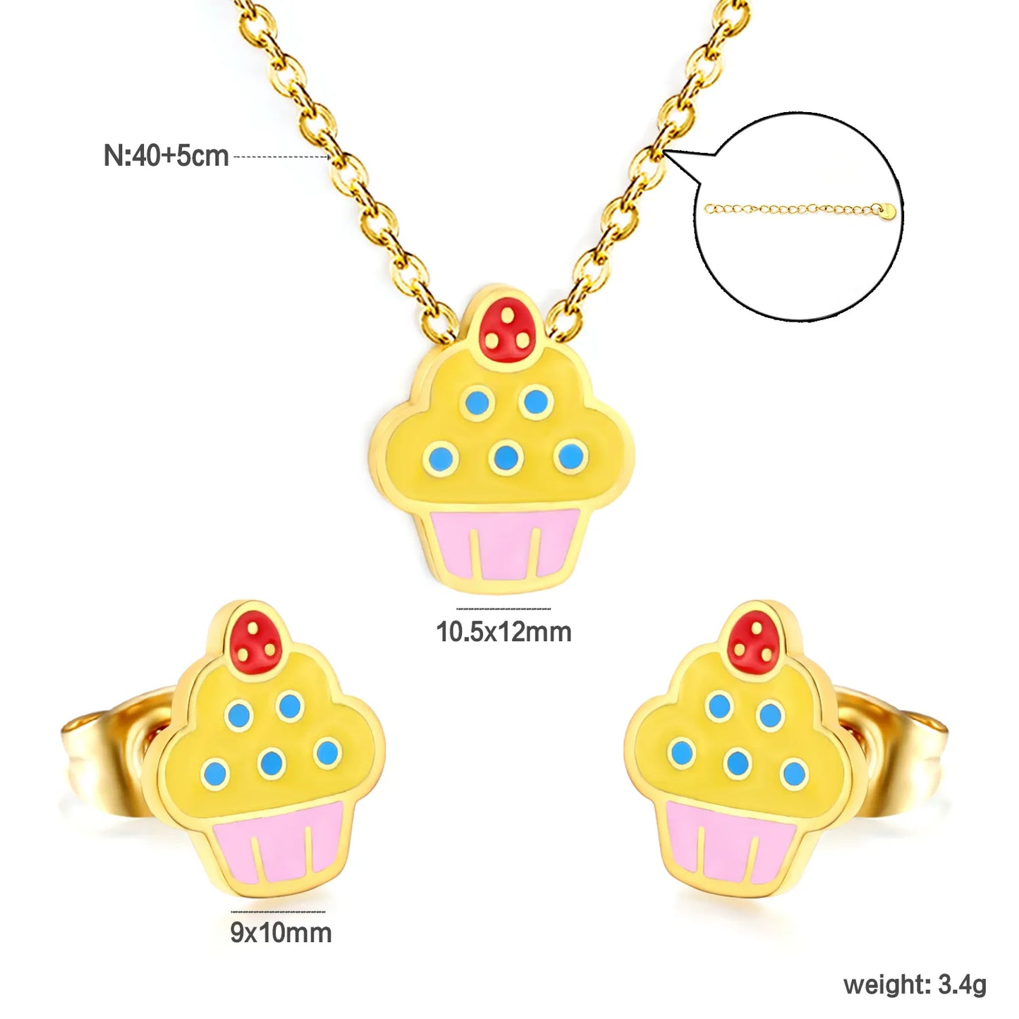 Color Enamel Cupcake Cartoon Matching Jewelry Set Necklace & Stud Earrings | Kids Dessert Themed Accessory Kit | 40+5cm Adjustable Cable Chain