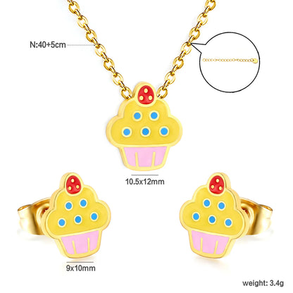 Color Enamel Cupcake Cartoon Matching Jewelry Set Necklace & Stud Earrings | Kids Dessert Themed Accessory Kit | 40+5cm Adjustable Cable Chain